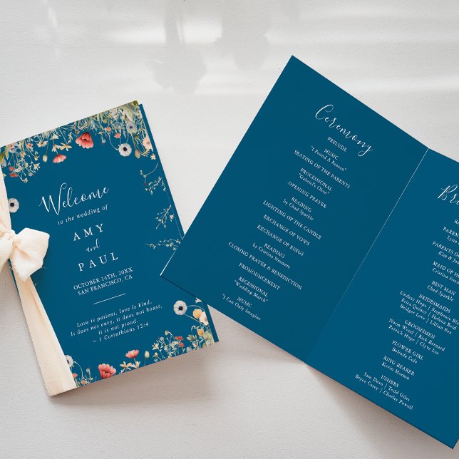 Navy Blissful Boho Wildflower Folded Wedding Program (Creator Uploaded)