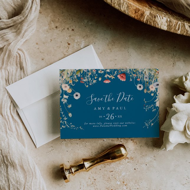 Navy Blissful Boho Wildflower Horizontal Wedding Save The Date (Creator Uploaded)