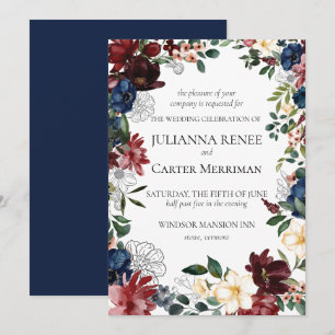 Navy Bloom Floral Frame Wedding Invitation