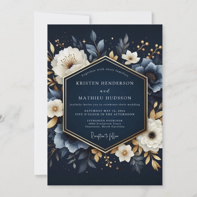 Navy Blooming Enchantment Wedding Invitation (Front)