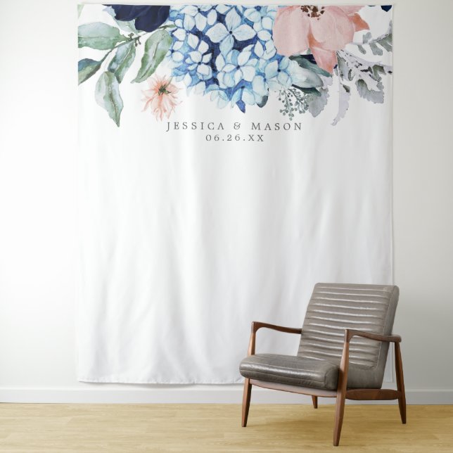 Navy Blooms Wedding Backdrop Photo Booth Tapestry (In Situ)