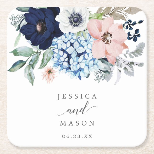Navy Blooms Wedding Coasters (Front)