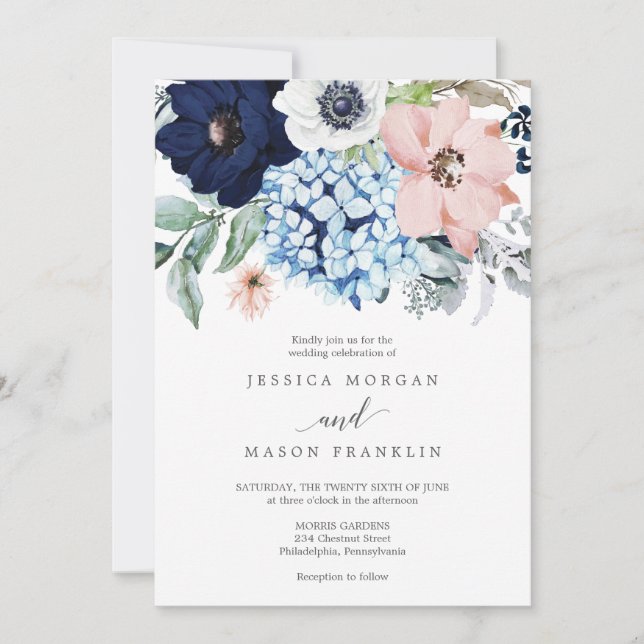 Navy Blooms Wedding Invitation (Front)