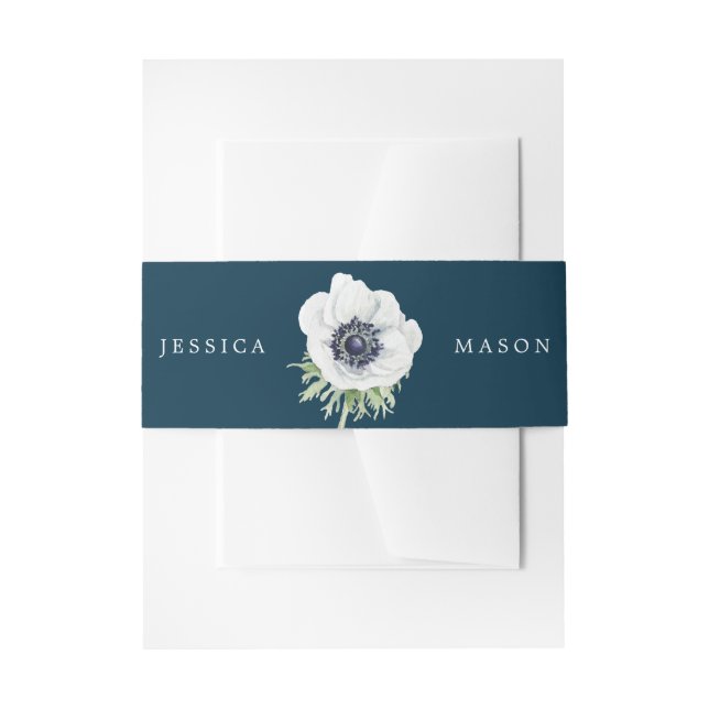 Navy Blooms Wedding Invitation Belly Bands Anemone Invitation Belly Band (Front Example)
