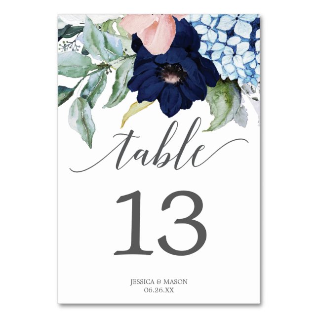 Navy Blooms Wedding Table Numbers Double Sided (Front)