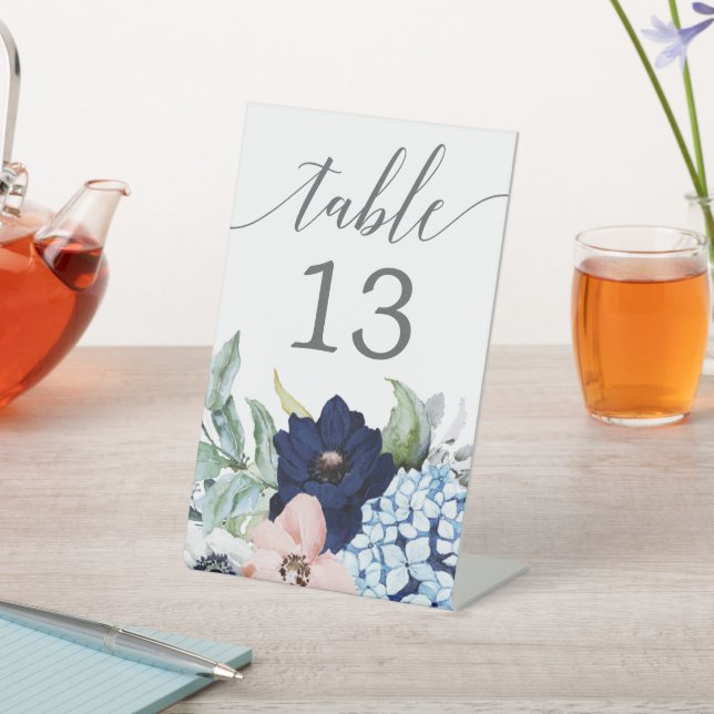 Navy Blooms Wedding Table Numbers Pedestal Sign (In SItu)