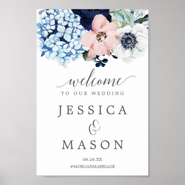 Navy Blooms Wedding Welcome Sign (Front)