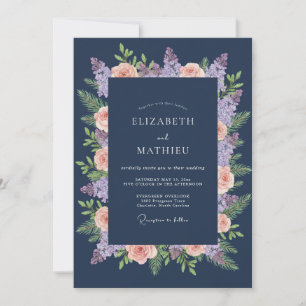 Navy Blossom Laurel Wedding Invitation