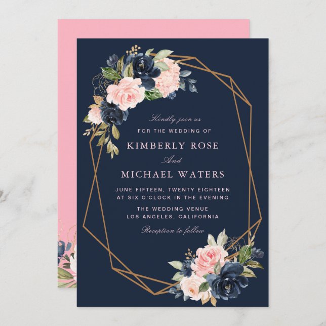 Navy blossom pink floral geometric wedding invitation (Front/Back)