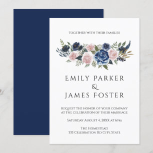 Navy Blu & Blush Floral Élégant Mariage Invitation