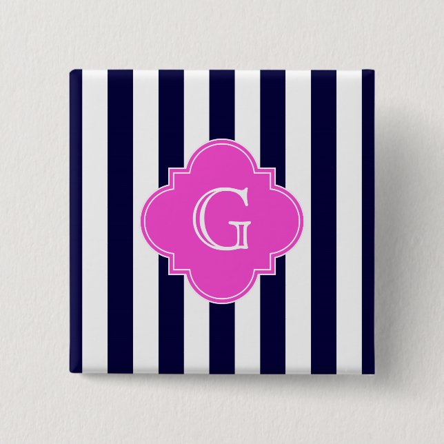 Navy Blu White Stripe Hot Pink Quatrefoil Monogram 2 Inch Square Button (Front)