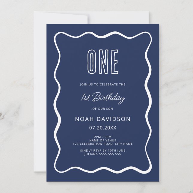  Navy Blue1st Birthday Invitation with Wavy Border (Front)