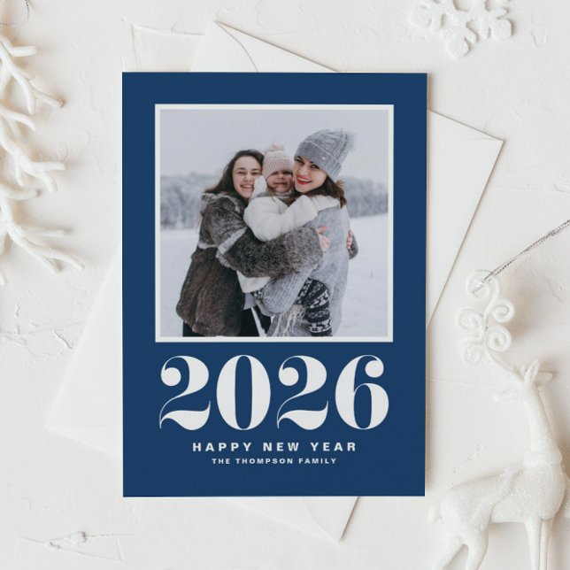 Navy Blue 2025 Bold Typography New Year Photo Holiday Postcard (Celebrate the start of 2026 with a stylish retro flair using this navy blue photo New Year postcard.)