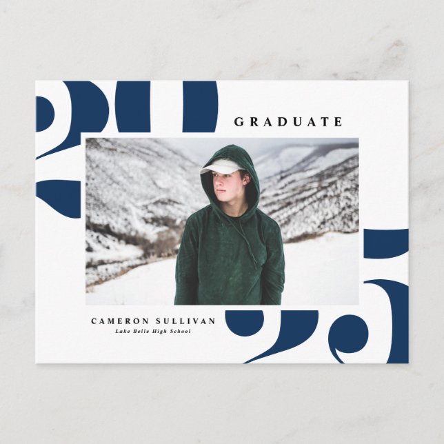 Navy Blue 2025 Bold Typography Photo Graduation Invitation Postcard (Front)