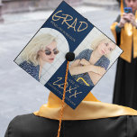 Navy Blue 2 Arched Photo Graduation Cap Topper<br><div class="desc">Simple,  modern graduation cap topper,  featuring 2 arched photos,  over a navy blue background,  with gold template text which reads 'OUR GRAD,  THEIR NAME,  CLASS OF AND THEIR SCHOOL,  UNIVERSITY OR COLLEGE.' The font styles and background colour can be changed by clicking on the customize further link after personalizing.</div>