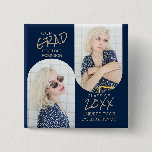 Navy Blue 2 Arched Photo Graduation Inch Square Button (Front)