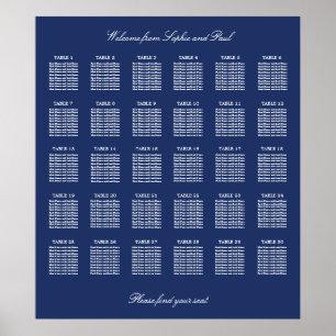 Navy Blue 30 Table Wedding Seating Chart Poster