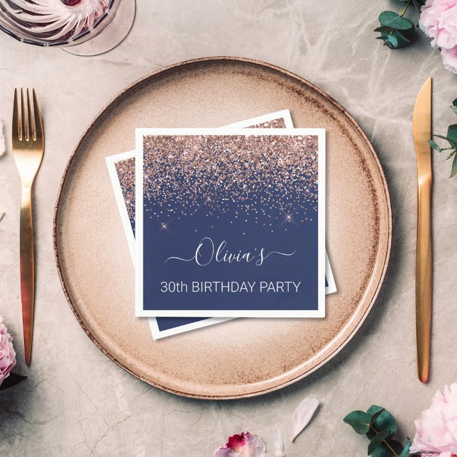 Navy Blue 30th Birthday Rose Gold  Pink Glitter Napkin (Creator Uploaded)