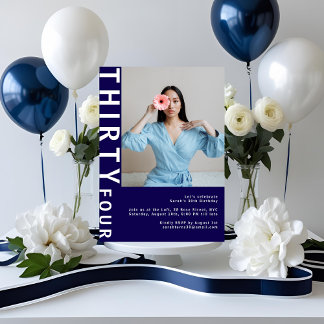 Navy Blue 34th Birthday Photo Invitation
