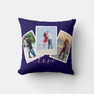 Navy Blue 3 Photo Collage Love Pink Script Throw Pillow