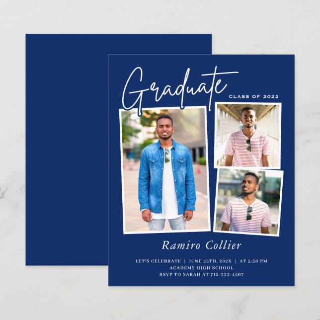Navy Blue 3 Photo Graduation Invitation (Front/Back)