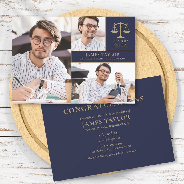 Navy Blue 3 Photo Law School Graduation Party Invitation (Navy Blue 3 Photo Law School Graduation Party Invitation)