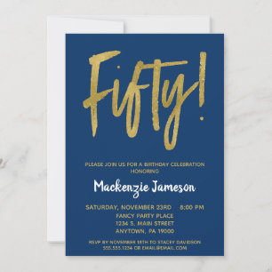 Navy Blue 50th Birthday Party Invitation Gold
