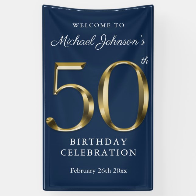 Navy Blue 50th Birthday Solid Gold Typography Banner (Vertical)