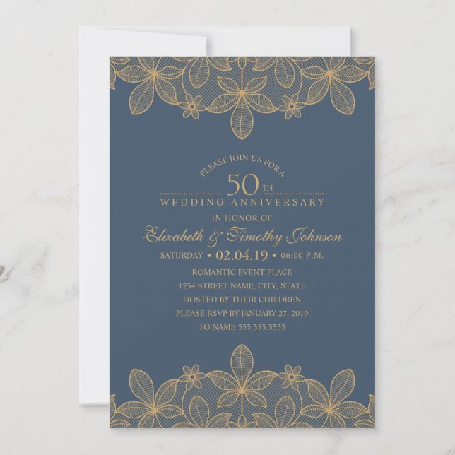 Navy Blue 50th Wedding Anniversary Golden Lace Invitation (Front)