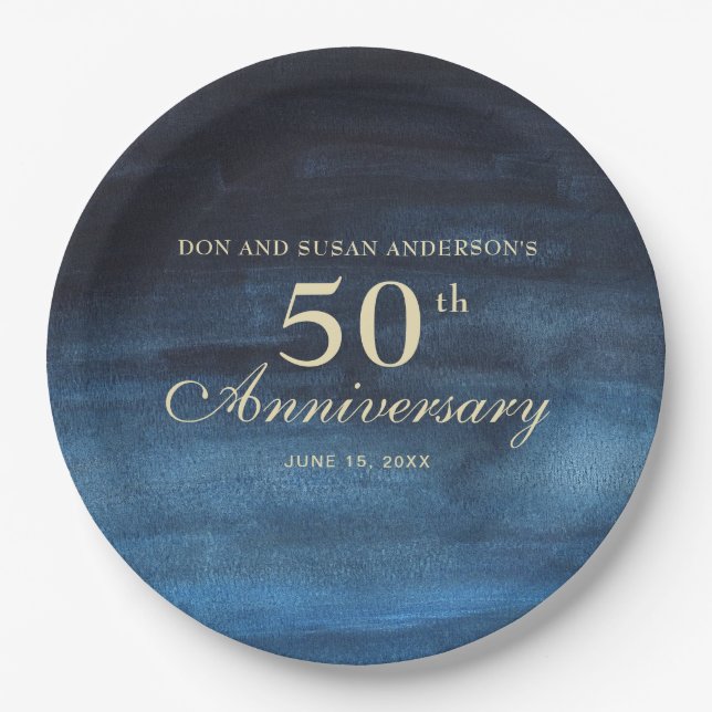 Navy Blue 50th Wedding Anniversary Paper Plate (Front)