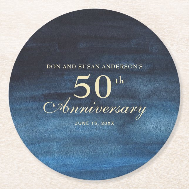 Navy Blue 50th Wedding Anniversary Round Paper Coaster (Front)