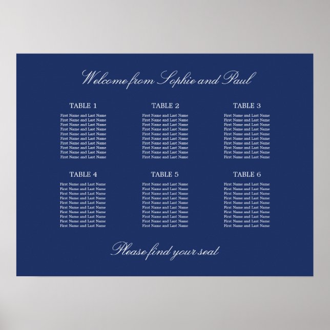 Navy Blue 6 Table Wedding Seating Chart Poster (Front)