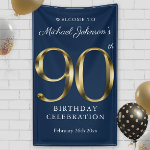 Navy Blue 90th Birthday Gold Welcome Party Custom Banner
