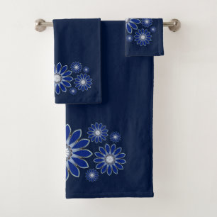 Navy Blue Abstract Floral Bath Towel Set