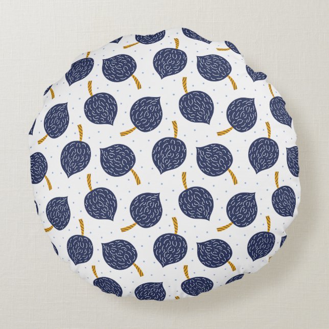 Navy Blue Abstract Flying Bomb Fruit Pattern Round Pillow (Back)