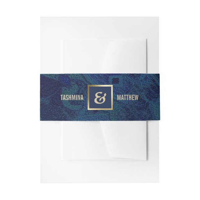 Navy Blue Abstract Pattern Gold Wedding Invitation Belly Band (Front Example)