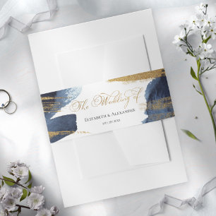 Navy Blue Abstract Watercolor Gilded Wedding Invitation Belly Band
