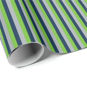 Navy Blue, Action Green, Wolf Grey Vertical Stripe Wrapping Paper