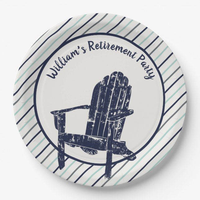 Navy Blue Adirondack Chair Custom Message Striped Paper Plate (Front)