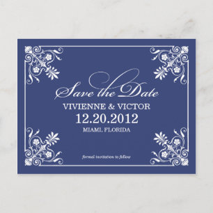 NAVY BLUE AFFAIR SAVE THE DATE ANNOUNCEMENT POSTCARD