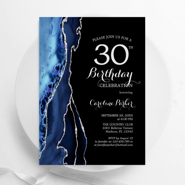 Navy Blue Agate Black Silver 30th Birthday Invitation (Creator Uploaded)