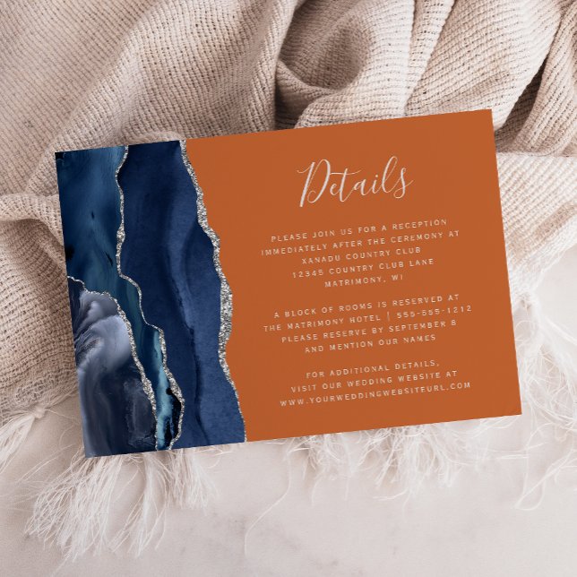 Navy Blue Agate Burnt Orange Wedding Details Enclosure Card (Creator Uploaded)