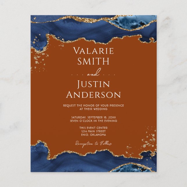 Navy Blue Agate Burnt Orange Wedding Flyer (Front)