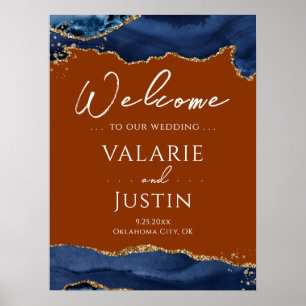 Navy Blue Agate Burnt Orange Wedding Welcome Sign