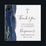 Navy Blue Agate Confirmation Thank You Favour Tags<br><div class="desc">This Confirmation thank-you favour tag features a navy blue watercolor agate design trimmed with faux gold glitter. A gold faux foil cross appears above the words "Thank You" in charcoal grey handwriting script on a white background. Personalize it with the name of the guest of honour, the occasion and the...</div>