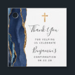 Navy Blue Agate Confirmation Thank You Favour Tags<br><div class="desc">This Confirmation thank-you favour tag features a navy blue watercolor agate design trimmed with faux gold glitter. A gold faux foil cross appears above the words "Thank You" in charcoal grey handwriting script on a white background. Personalize it with the name of the guest of honour, the occasion and the...</div>