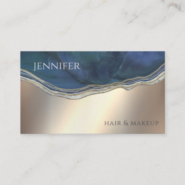 Navy blue agate geode chic gold metallic business card (Front)
