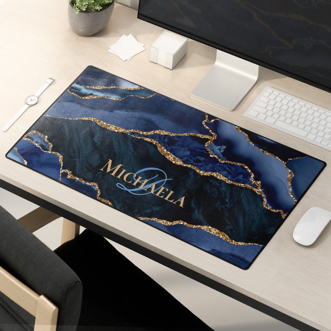Navy Blue Agate Geode Gold Glitter Monogram  Desk Mat (Creator Uploaded)