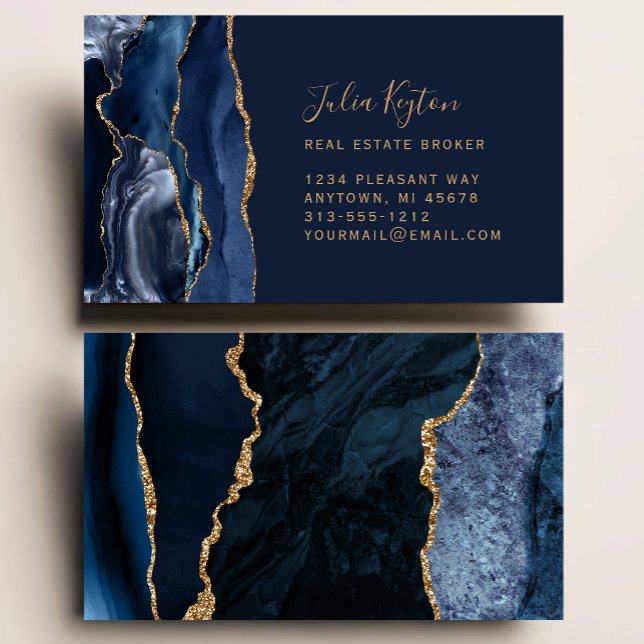 Navy Blue Agate Geode Gold Glitter Real Estate Business Card (Creator Uploaded)