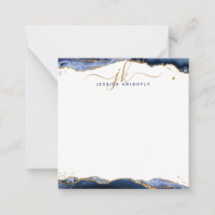 Navy Blue Agate Geode Gold Glitter Script Monogram Card